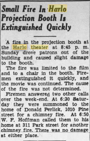 Harlo Theater - Nov 17 1947 Report Of Fire In Booth